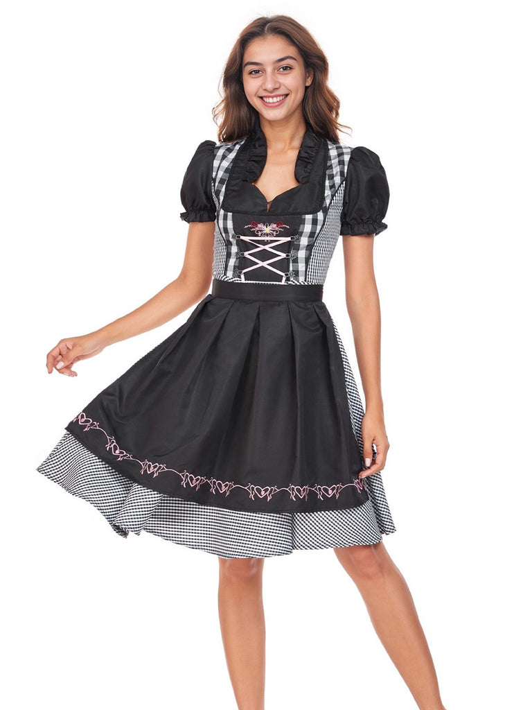 2PCS Black 1950s Oktoberfest Puff Sleeves Gingham Dress with Apron