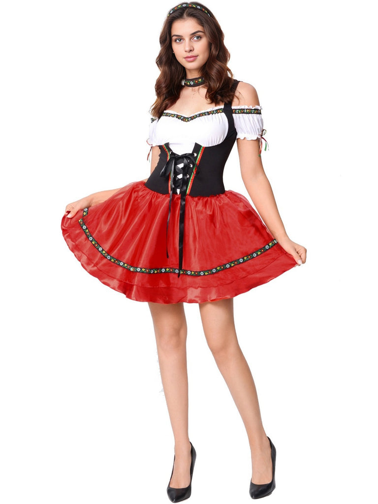 Red 1950s Oktoberfest Cold Shoulder Patchwork Dress