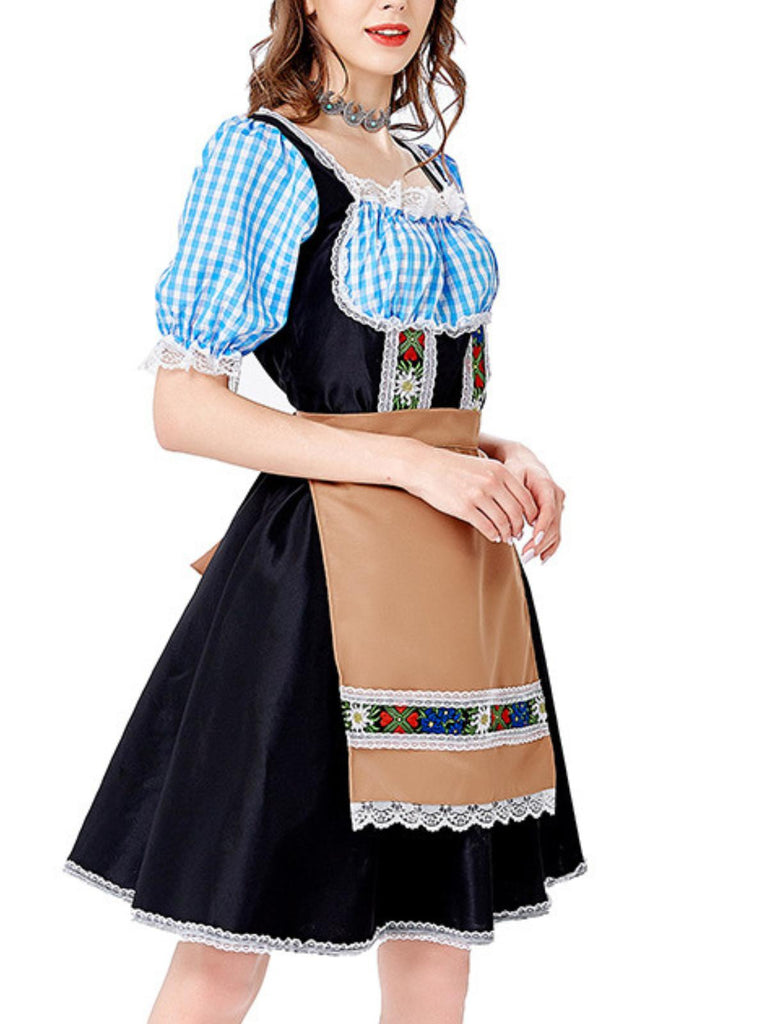 2PCS Blue 1950s Oktoberfest Gingham Puff Lace Dress with Apron