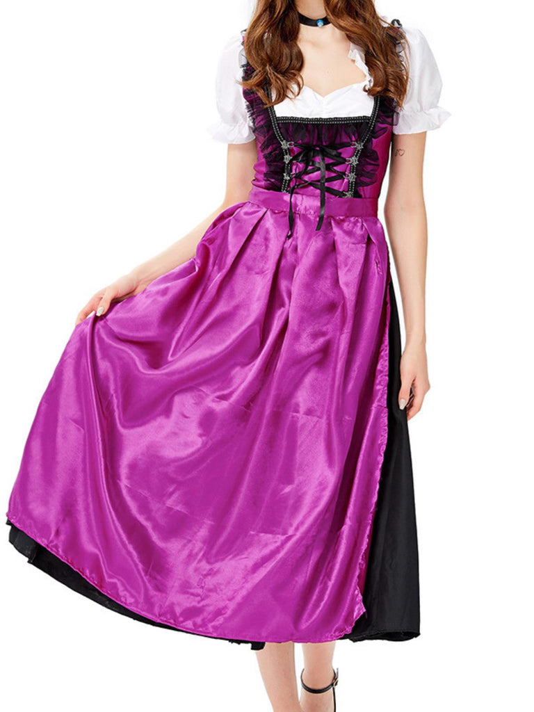 2PCS Purple 1950s Oktoberfest Puff Sleeves Dress with Apron