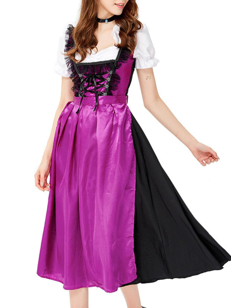 2PCS Purple 1950s Oktoberfest Puff Sleeves Dress with Apron