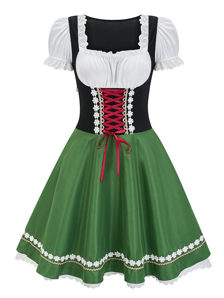 Green 1950s Oktoberfest Puff Sleeves Patchwork Dress