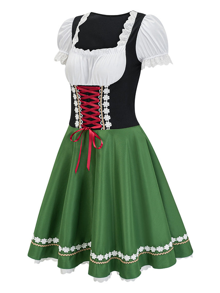 Green 1950s Oktoberfest Puff Sleeves Patchwork Dress