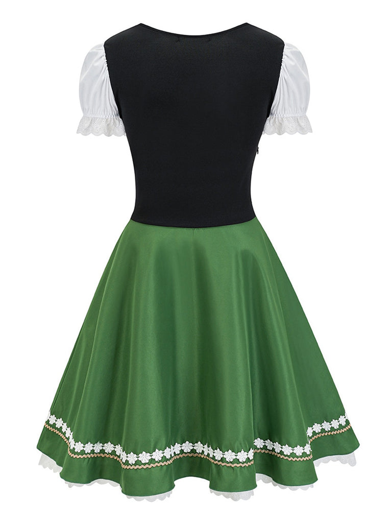 Green 1950s Oktoberfest Puff Sleeves Patchwork Dress