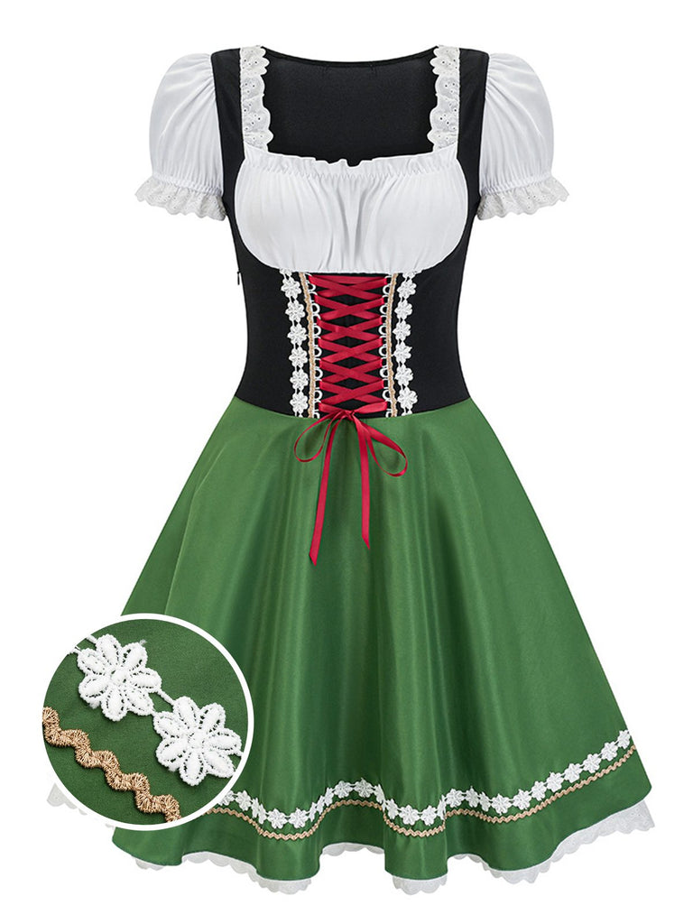 Green 1950s Oktoberfest Puff Sleeves Patchwork Dress