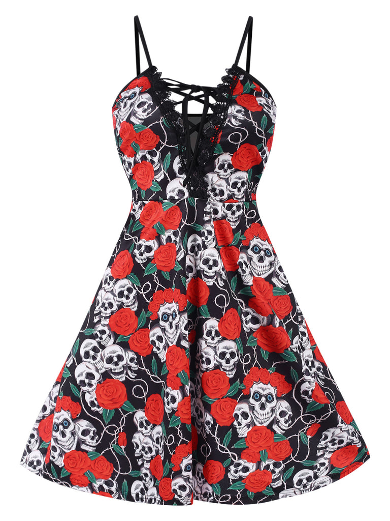 [Plus Size] Red 1940s Halloween Skull Rose Dress