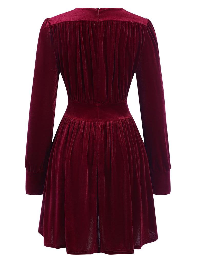 Wine Red 1940s Solid V-Neck Velvet Party Dress