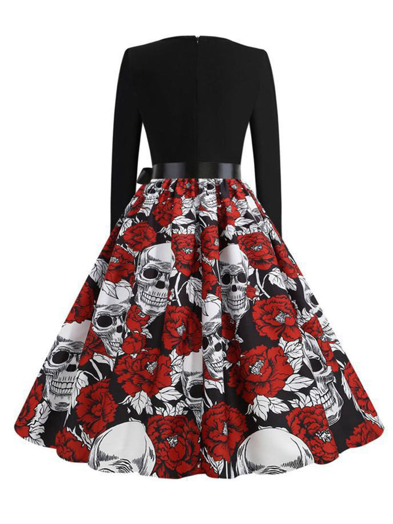 Black 1950s Halloween Roses Skull Petal Collar Dress