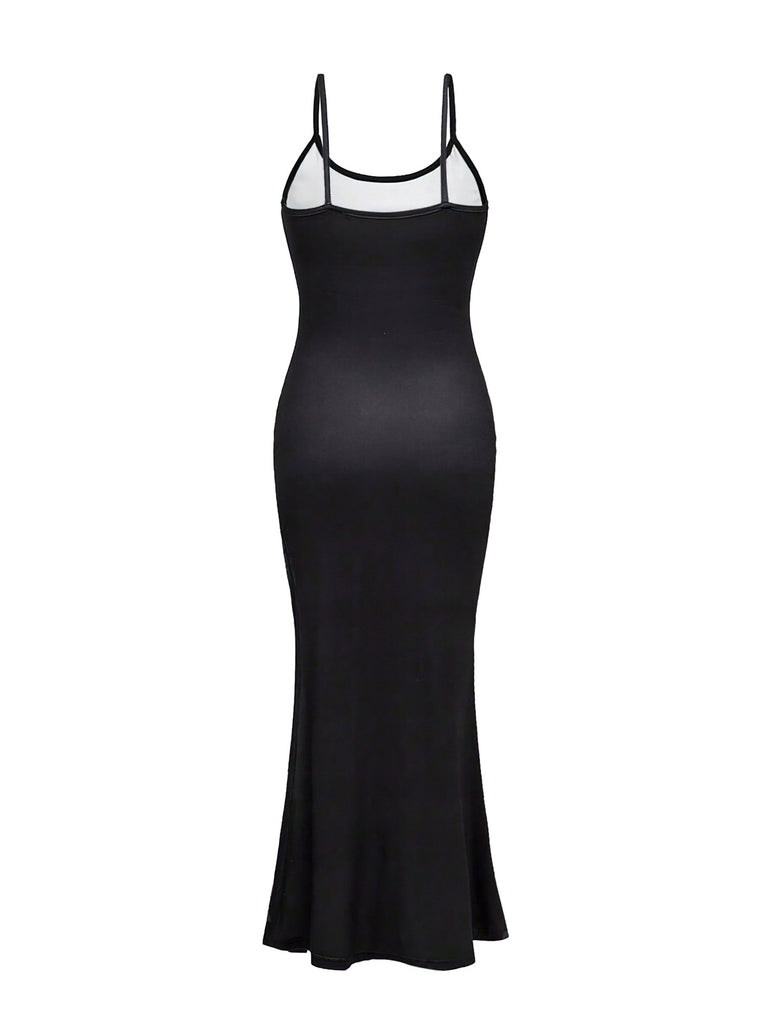 Black 1930s Skeleton Slit Spaghetti Straps Dress