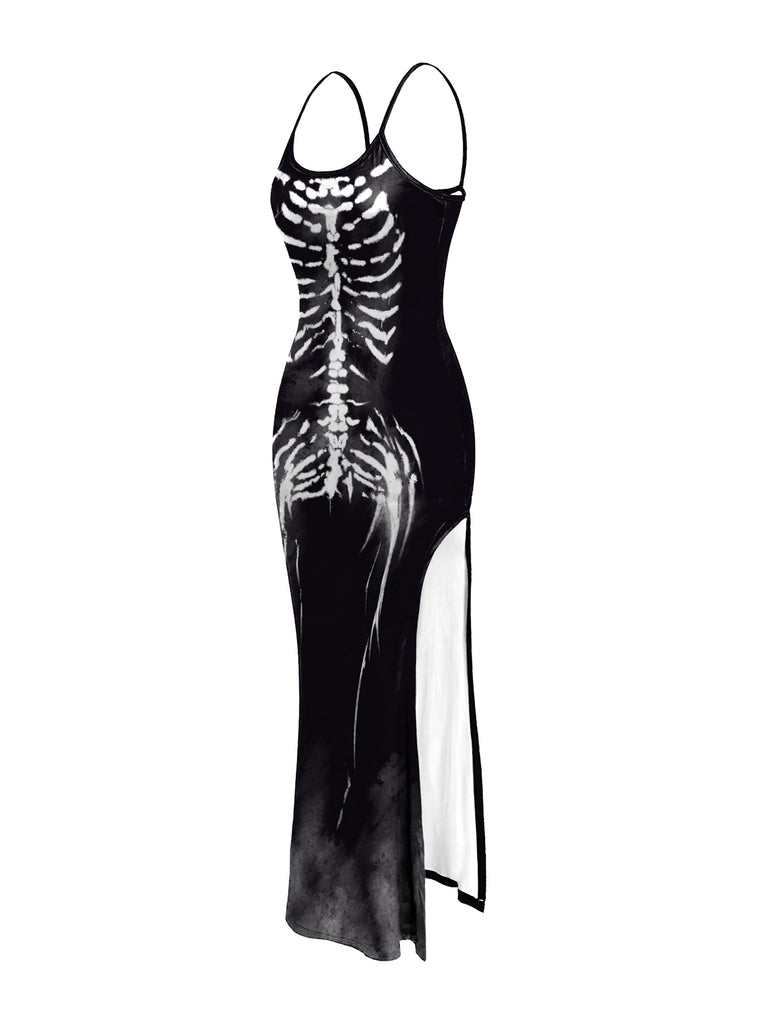 Black 1930s Skeleton Slit Spaghetti Straps Dress