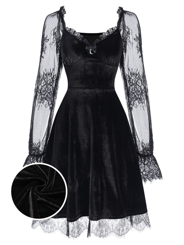 1940s Velvet Lace Flared Patchwork Dress