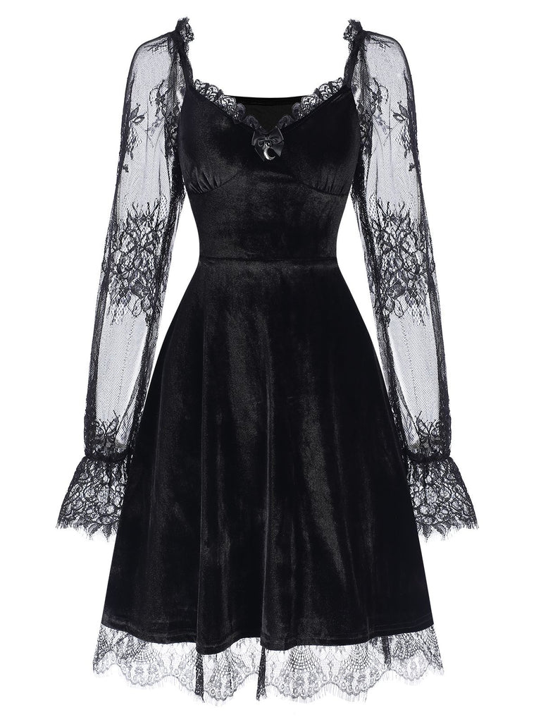 1940s Velvet Lace Flared Patchwork Dress