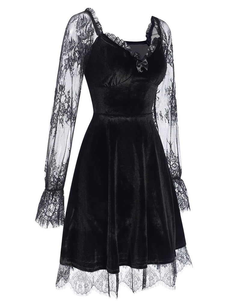 1940s Velvet Lace Flared Patchwork Dress