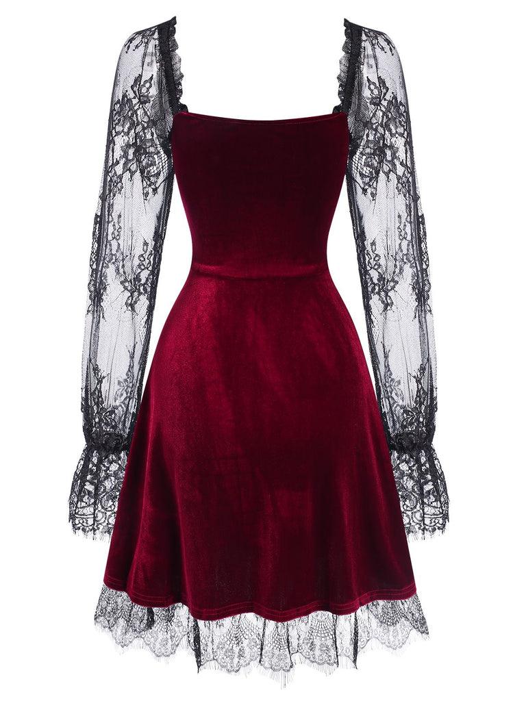 1940s Velvet Lace Flared Patchwork Dress