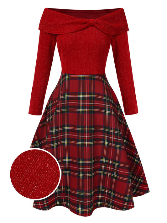 Red 1950s Christmas Off Shoulder Tartan Dress