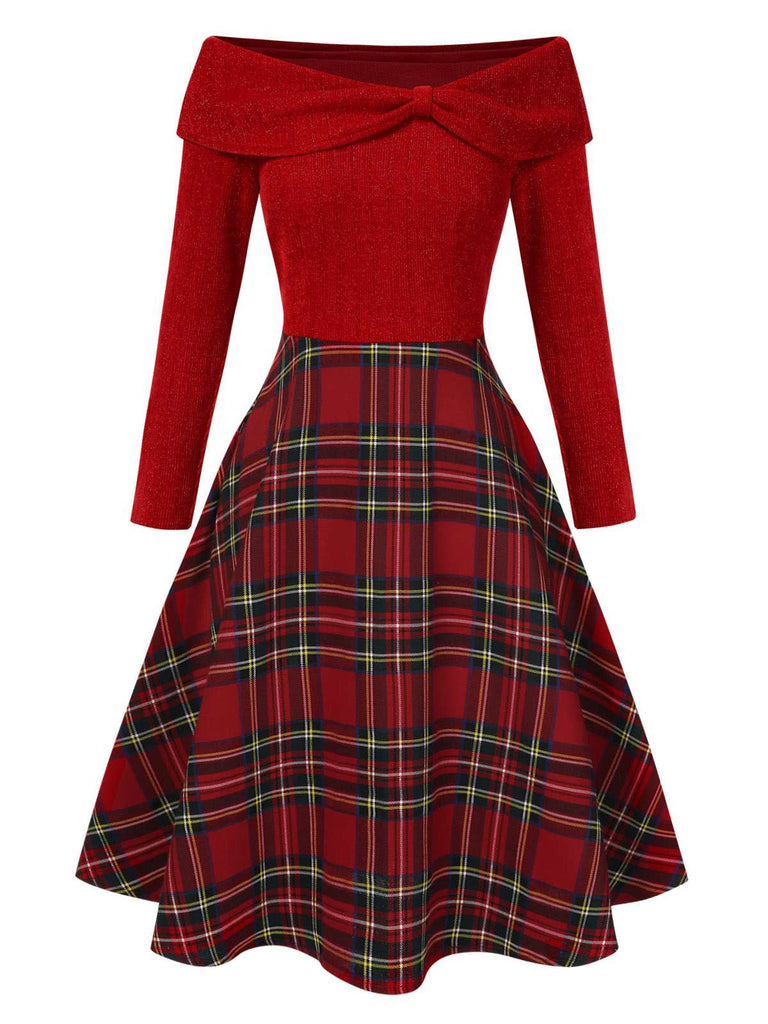 Red 1950s Christmas Off Shoulder Tartan Dress