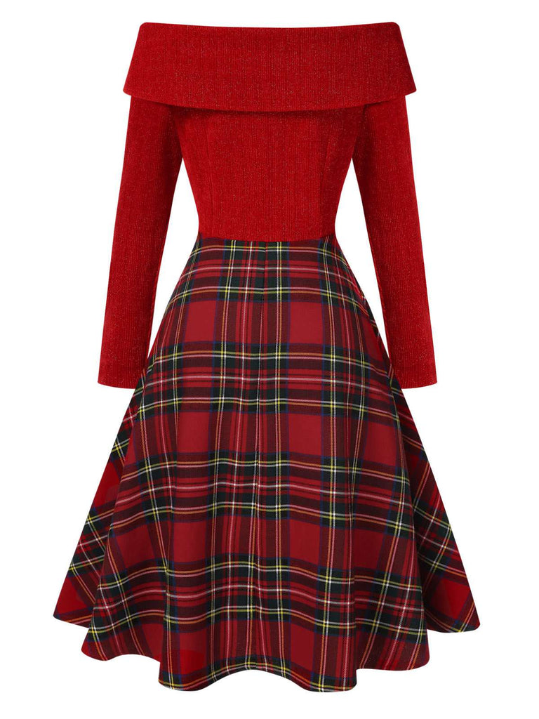 Red 1950s Christmas Off Shoulder Tartan Dress