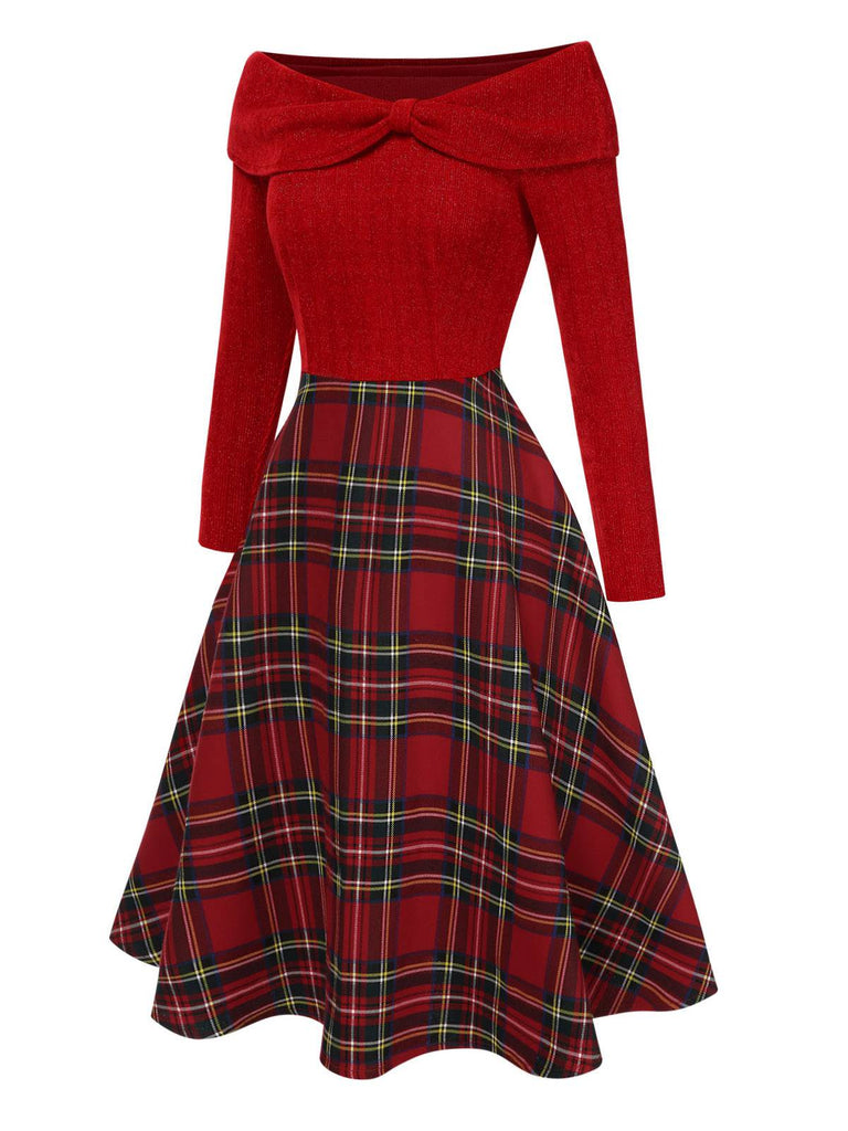 Red 1950s Christmas Off Shoulder Tartan Dress