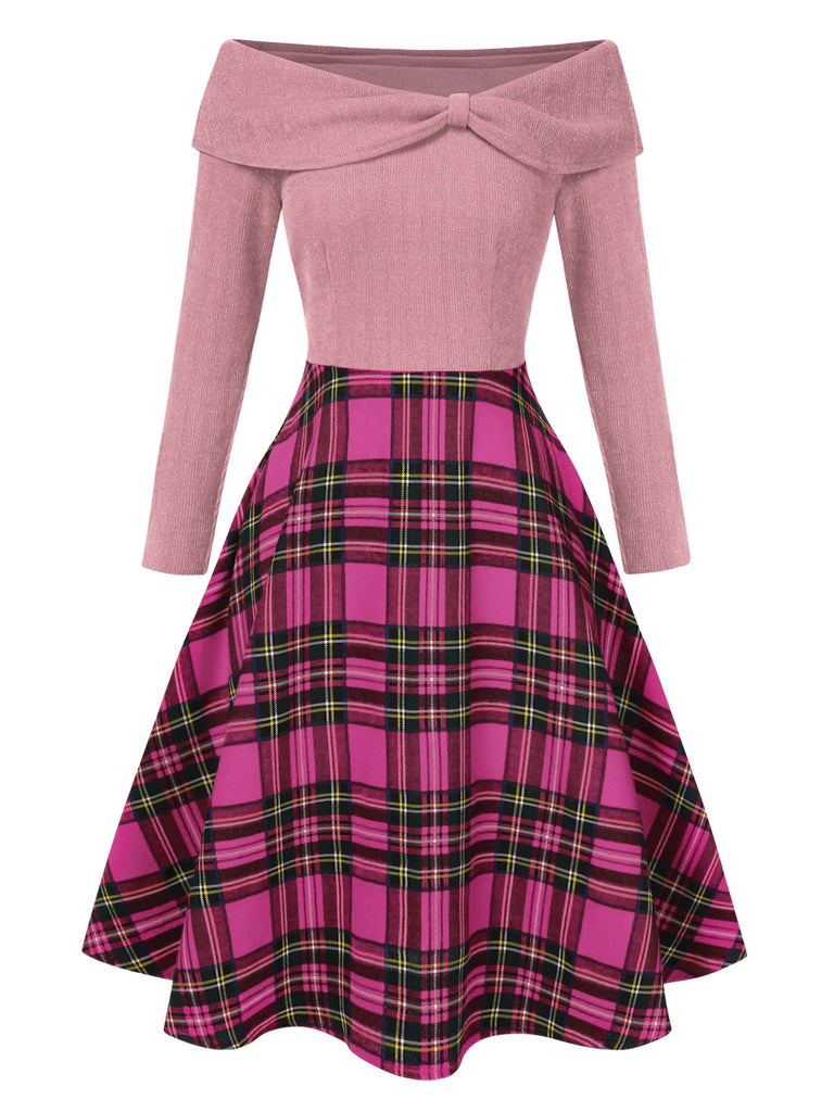 Red 1950s Christmas Off Shoulder Tartan Dress