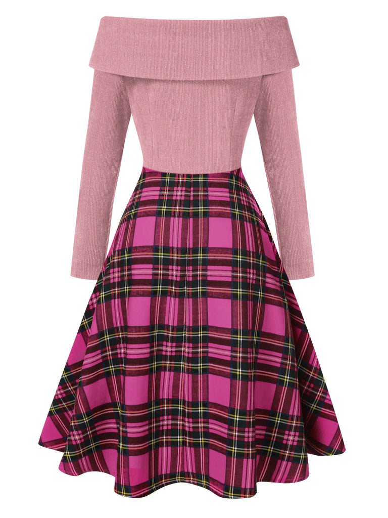 Red 1950s Christmas Off Shoulder Tartan Dress