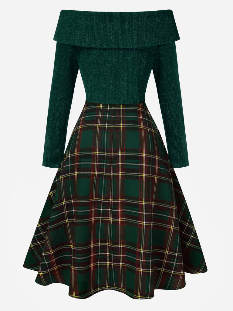 [Pre-Sale] Green 1950s Christmas Off Shoulder Tartan Dress