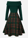 [Pre-Sale] Green 1950s Christmas Off Shoulder Tartan Dress