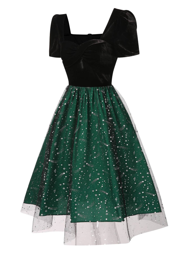 [Pre-Sale] Black & Green 1950s Stars Mesh Velvet Dress