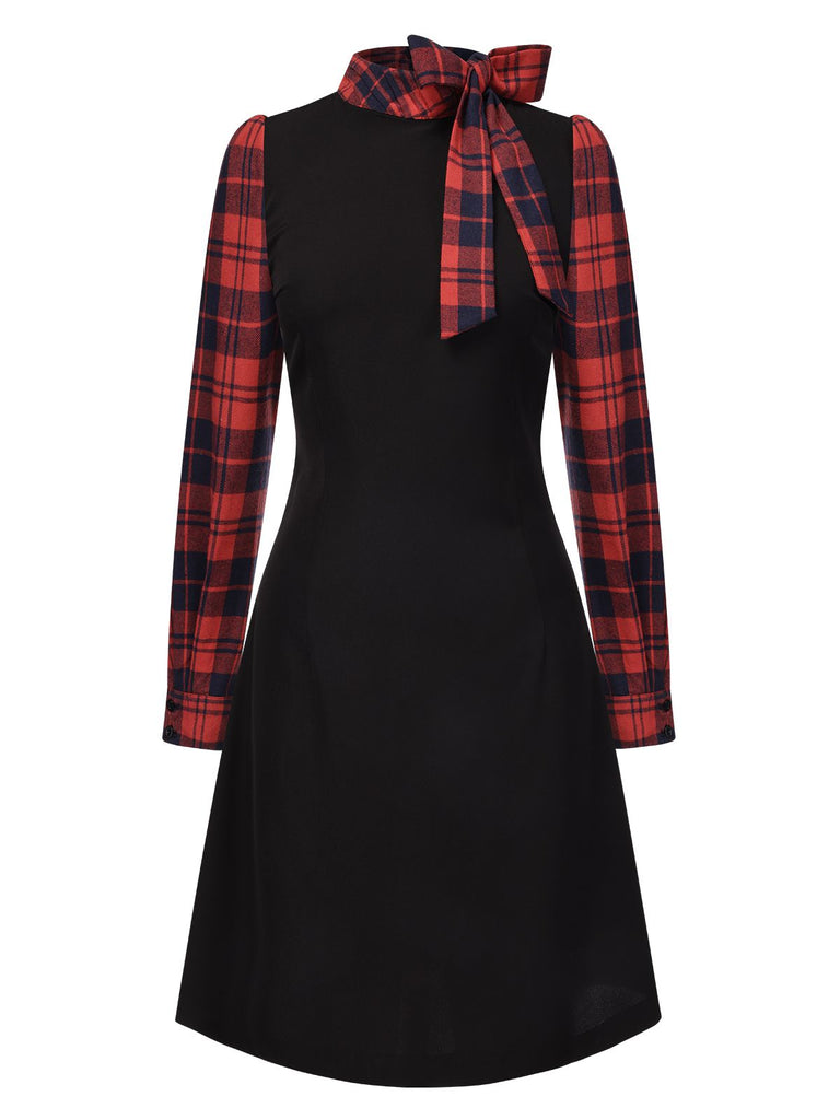 Black 1960s Tie Neck Plaids Bow Dress