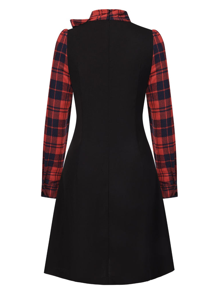 [Pre-Sale] Black 1960s Tie Neck Plaids Bow Dress