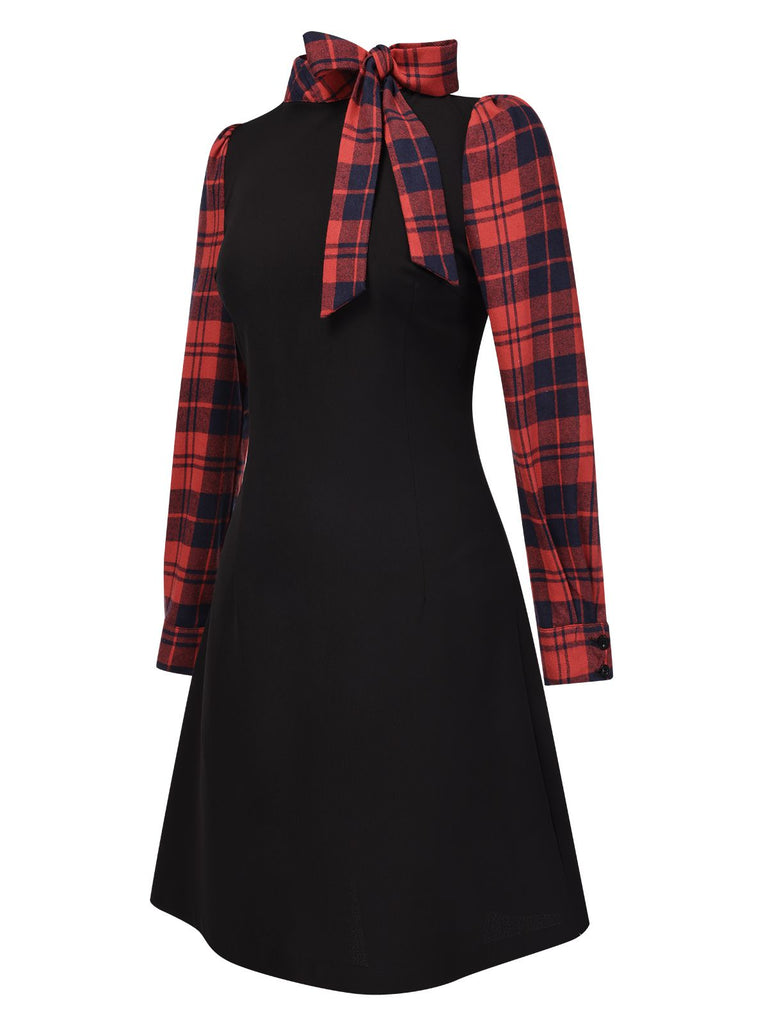 Black 1960s Tie Neck Plaids Bow Dress