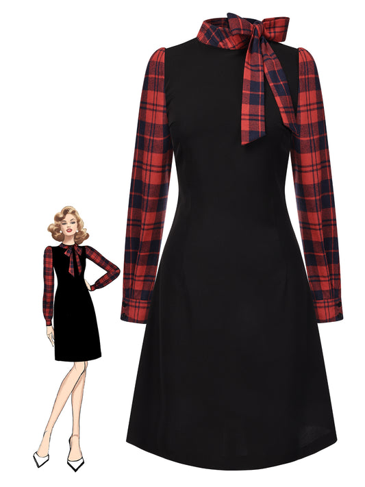 Black 1960s Tie Neck Plaids Bow Dress