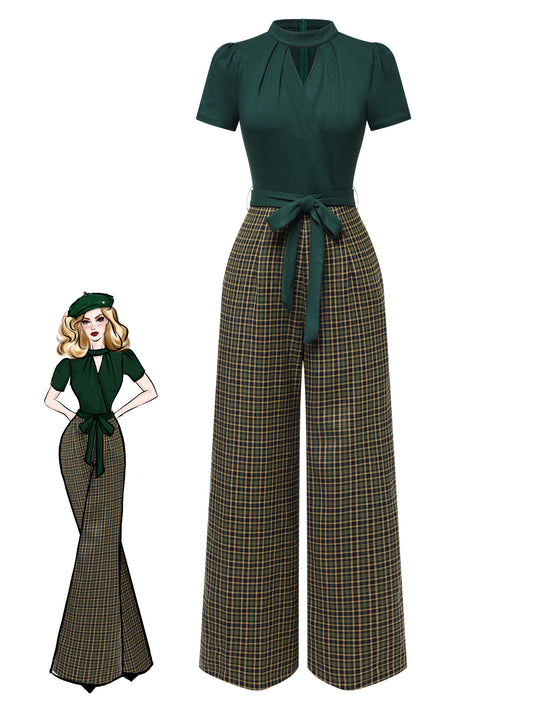 Green 1930s Plaid Keyhole Neck Belted Jumpsuit