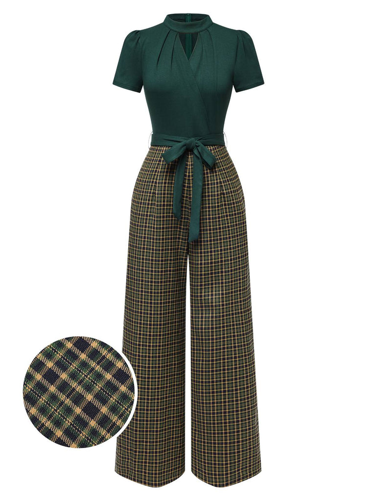 Green 1930s Plaid Keyhole Neck Belted Jumpsuit