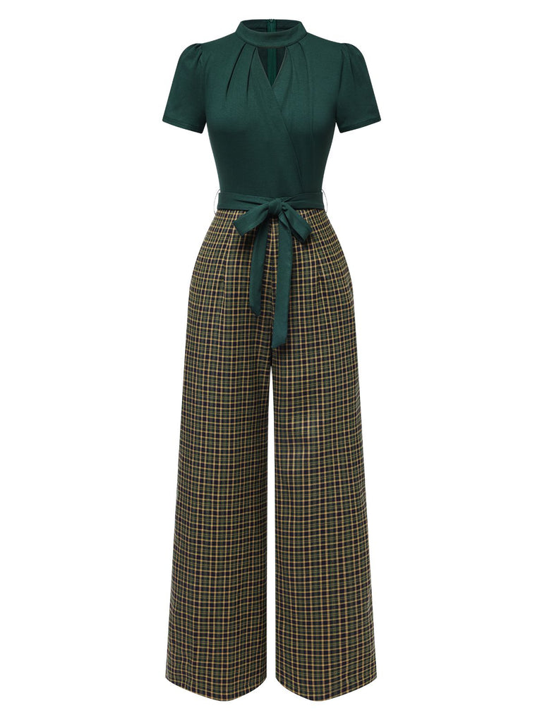 [Pre-Sale] Yellow 1930s Plaid Keyhole Neck Belted Jumpsuit