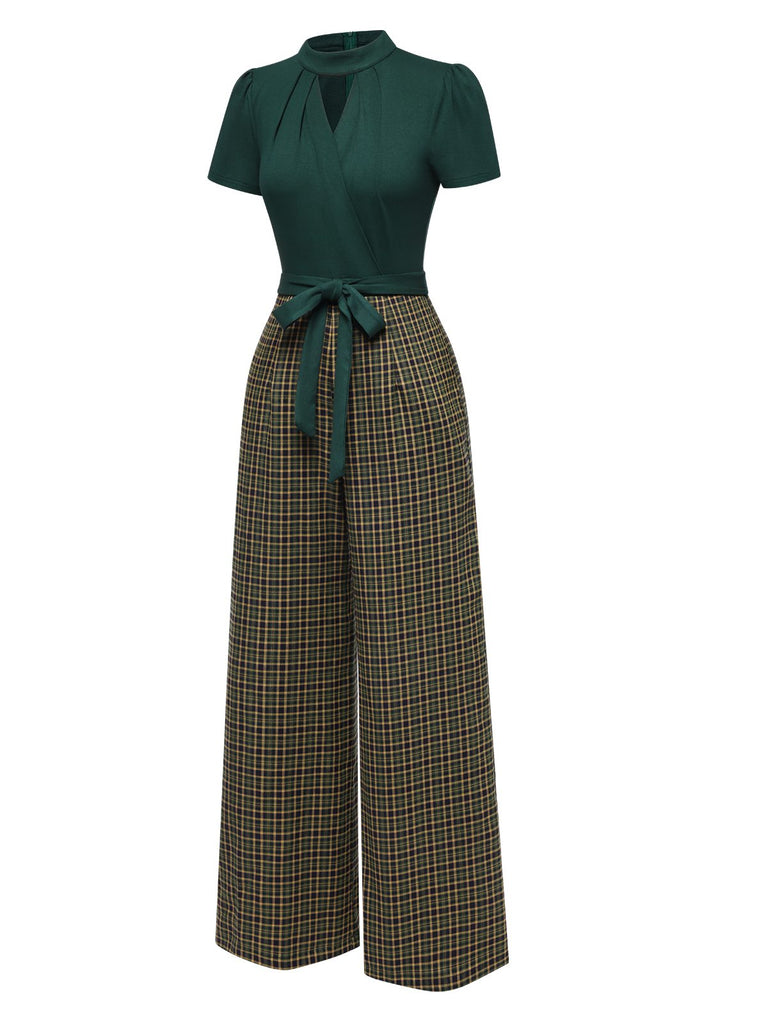 [Pre-Sale] Green 1930s Plaid Kyhole Neck Belted Jumpsuit