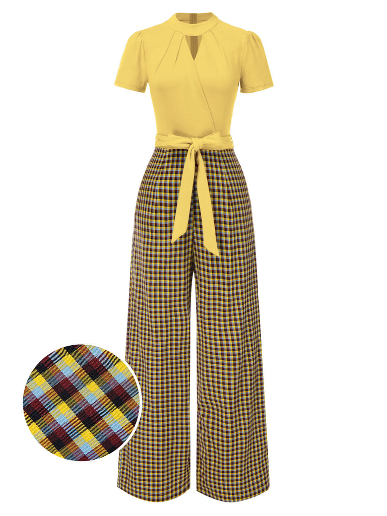 [Pre-Sale] Yellow 1930s Plaid Keyhole Neck Belted Jumpsuit