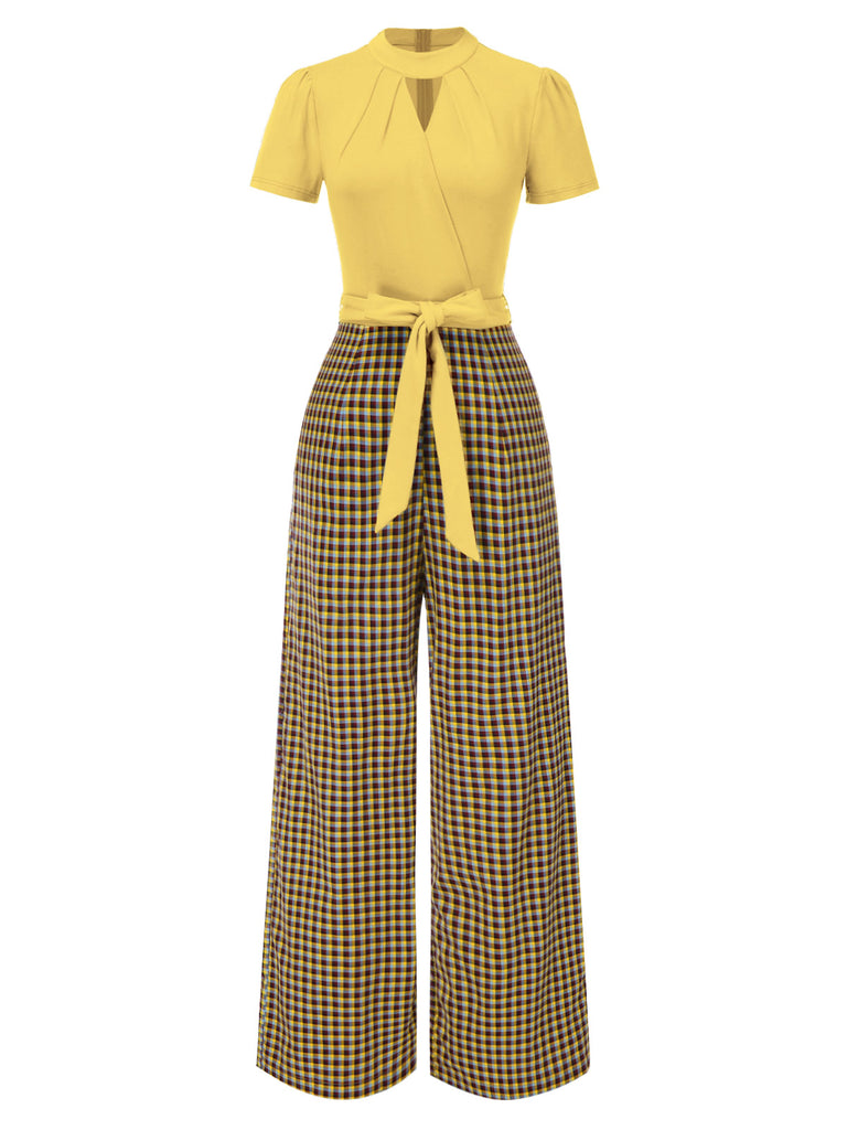 [Pre-Sale] Yellow 1930s Plaid Keyhole Neck Belted Jumpsuit