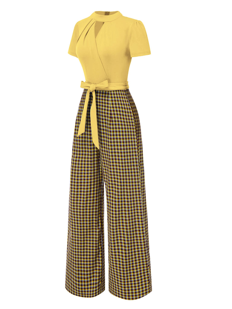 [Pre-Sale] Yellow 1930s Plaid Keyhole Neck Belted Jumpsuit