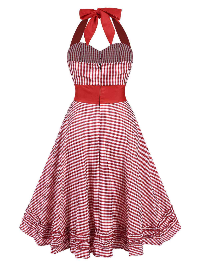 Red 1950s Gingham Plaid Halter Dress