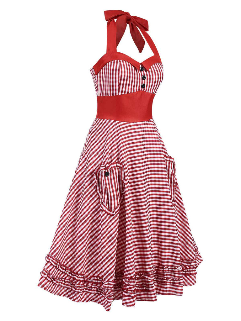 Red 1950s Gingham Plaid Halter Dress