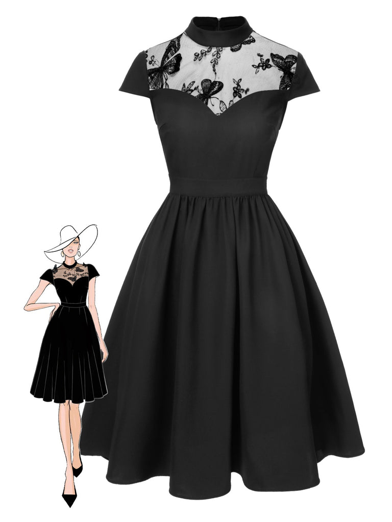 [Pre-Sale] Black 1950s Stand Collar Buterfly Mesh Dress