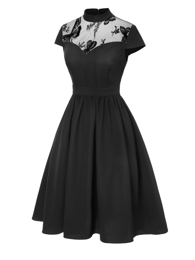 [Pre-Sale] Black 1950s Stand Collar Buterfly Mesh Dress