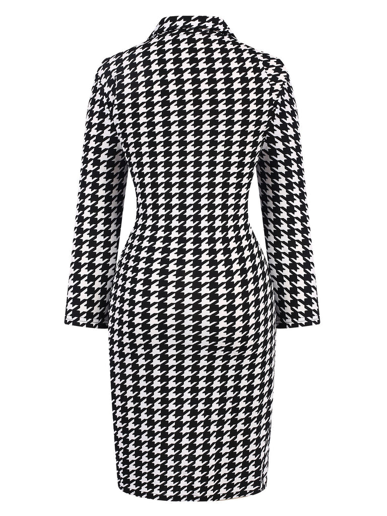 Black 1980s V-Neck Bow Houndstooth Dress