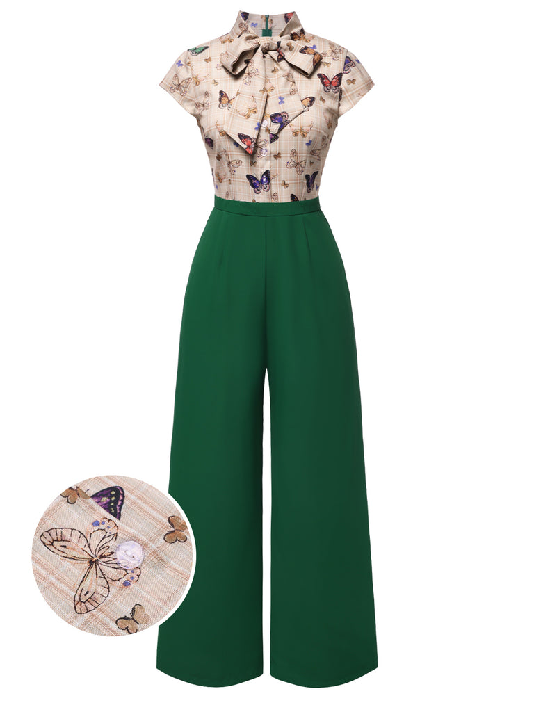 [Pre-Sale] Green 1930s Tie Neck Plaids Butterflies Jumpsuit