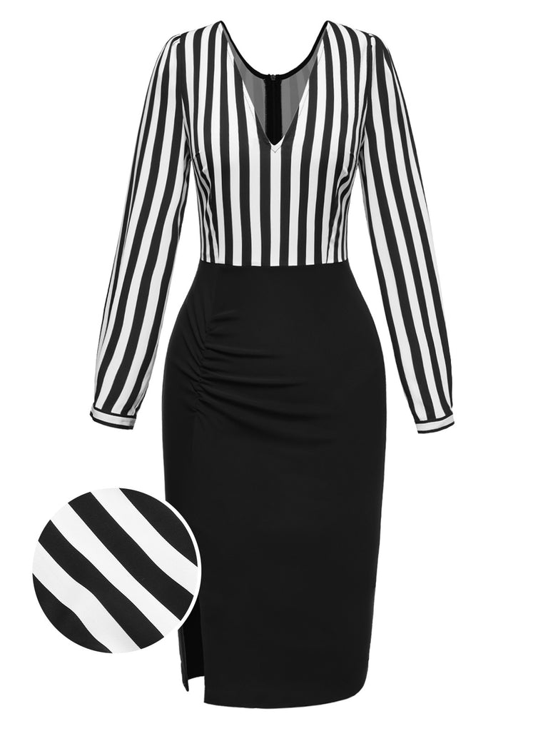 [Pre-Sale] Black 1960s Stripe Deep V-Neck Pencil Dress