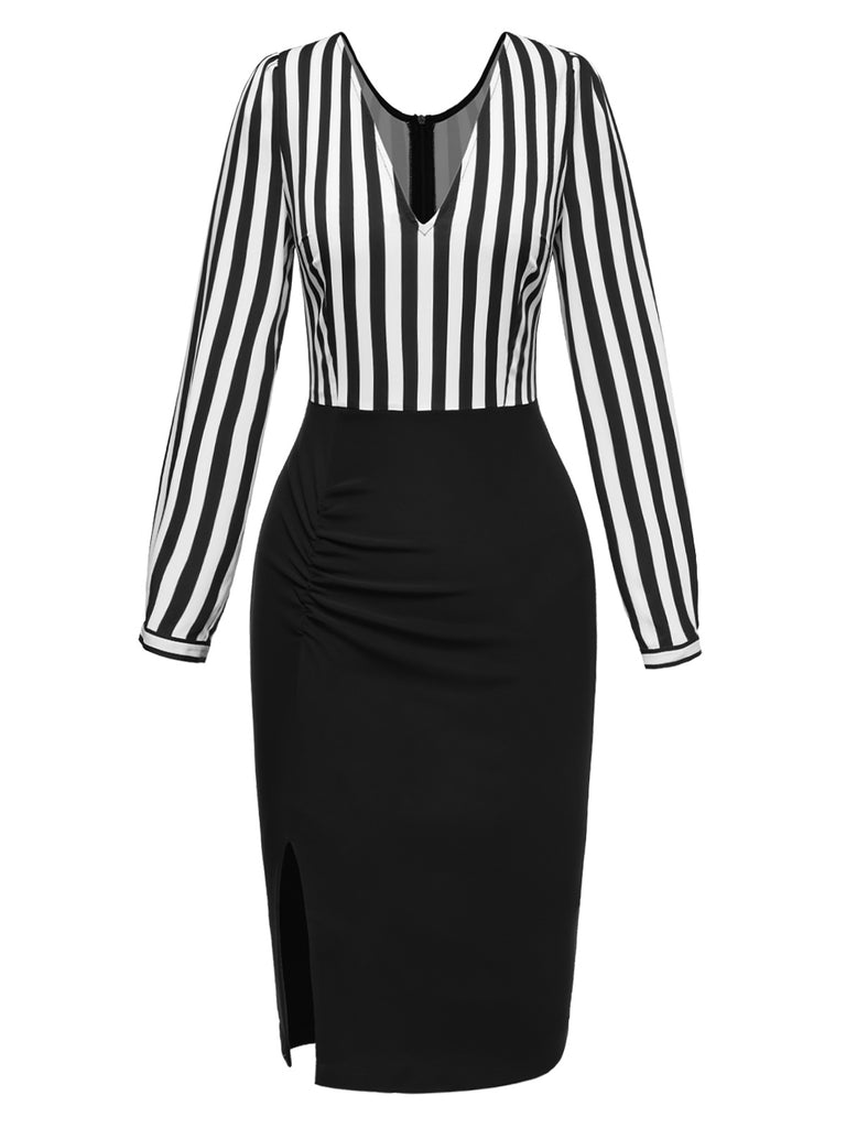 [Pre-Sale] Black 1960s Stripe Deep V-Neck Pencil Dress