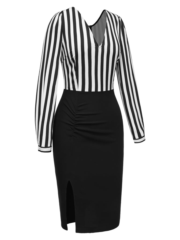 [Pre-Sale] Black 1960s Stripe Deep V-Neck Pencil Dress