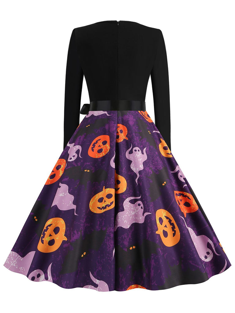 Black 1950s Halloween Pumpkin Ghost Petal Collar Dress