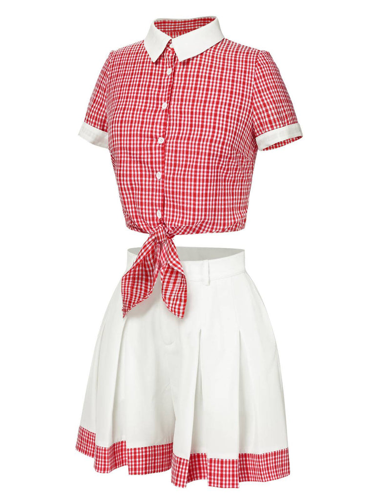 [Pre-Sale] 2PCS Red 1930s Lapel Plaid Top&Pleated Shorts