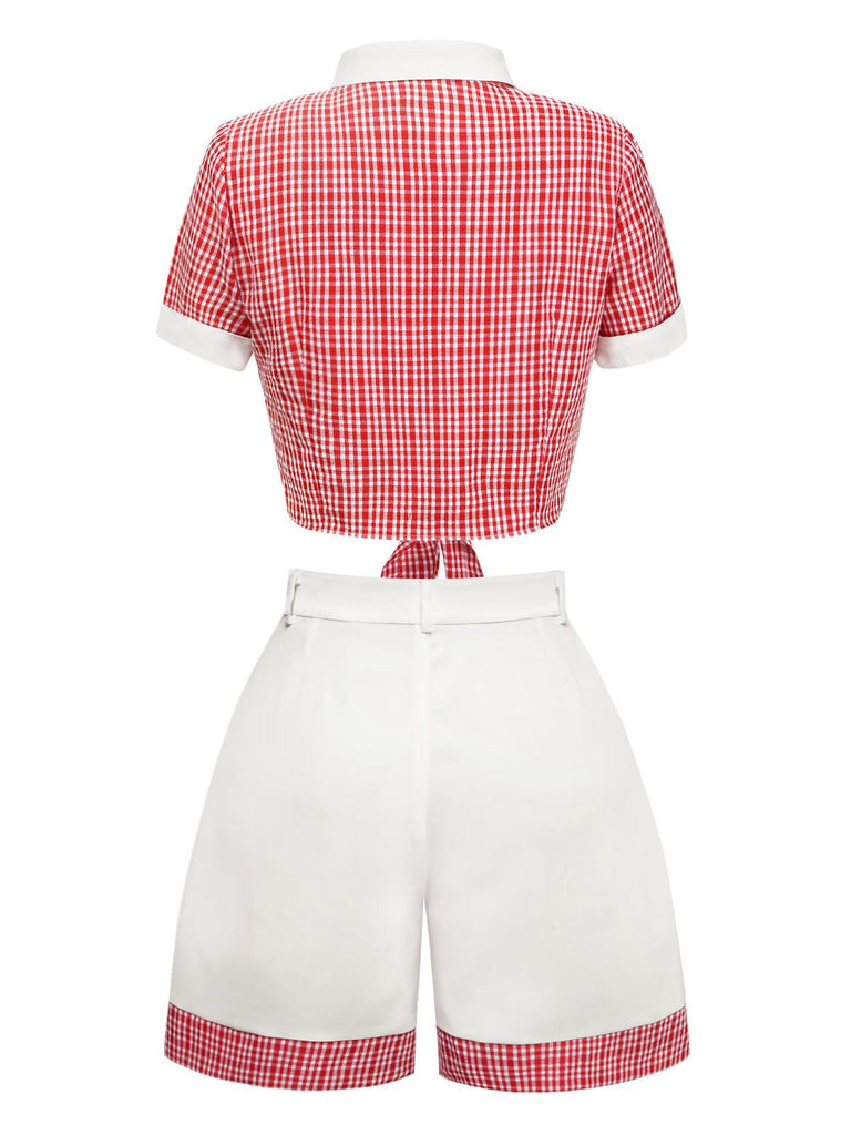 [Pre-Sale] 2PCS Red 1930s Lapel Plaid Top&Pleated Shorts